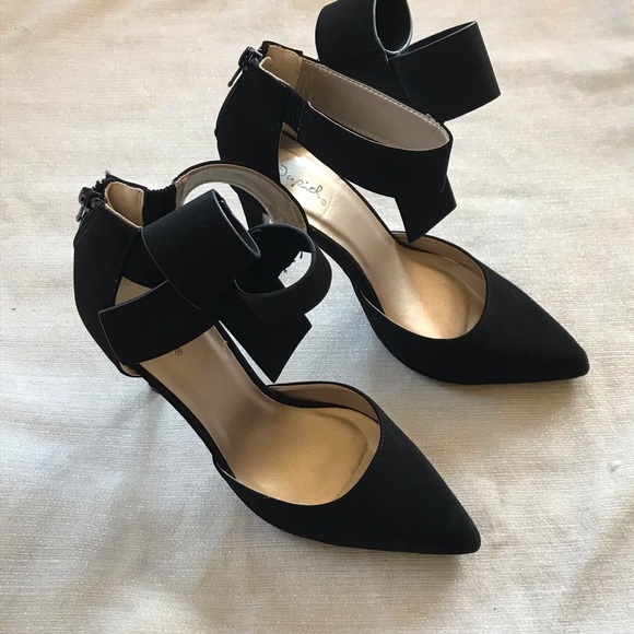 Qupid Shoes - Qupid Black Ankle Bow Stiletto Heels